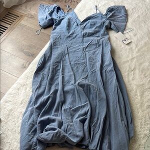 Zara Blue Pleated Puff Sleeve Midi Sundress